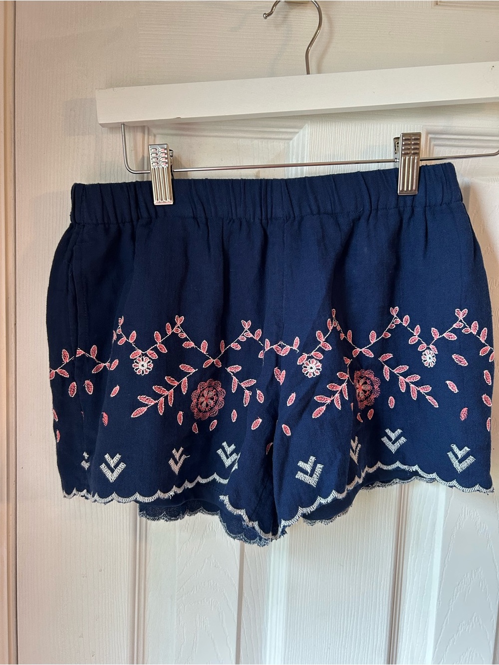 Red Camel Navy Blue High-Waist Shorts with Pink Floral Embroidery